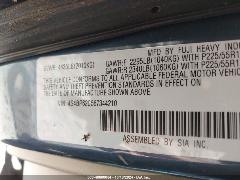 2006 Subaru Outback 2.5I Limited VIN: 4S4BP62C567344210 Lot: 40600054