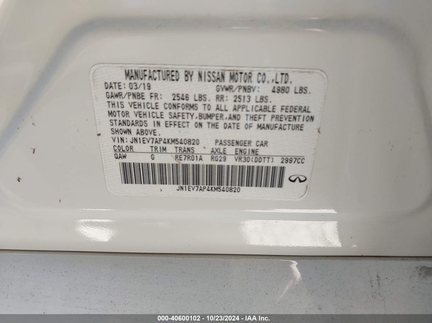 VIN JN1EV7AP4KM540820 2019 INFINITI Q50 3.0T LUXE