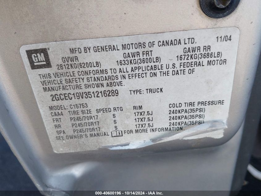 2005 Chevrolet Silverado 1500 Ls VIN: 2GCEC19V351216289 Lot: 40600196
