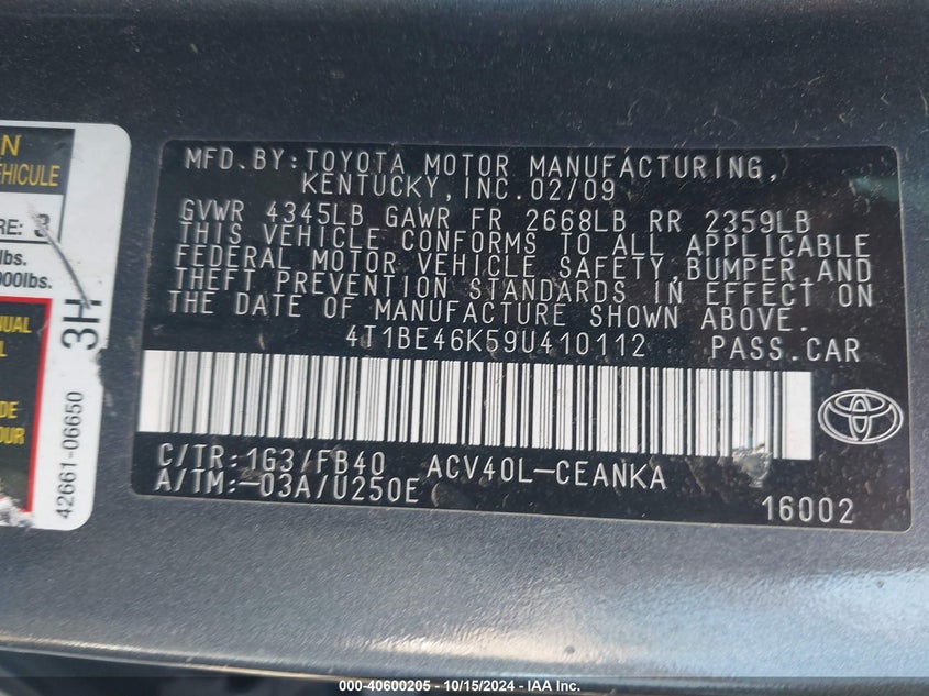 2009 TOYOTA CAMRY VIN: 4T1BE46K59U410112