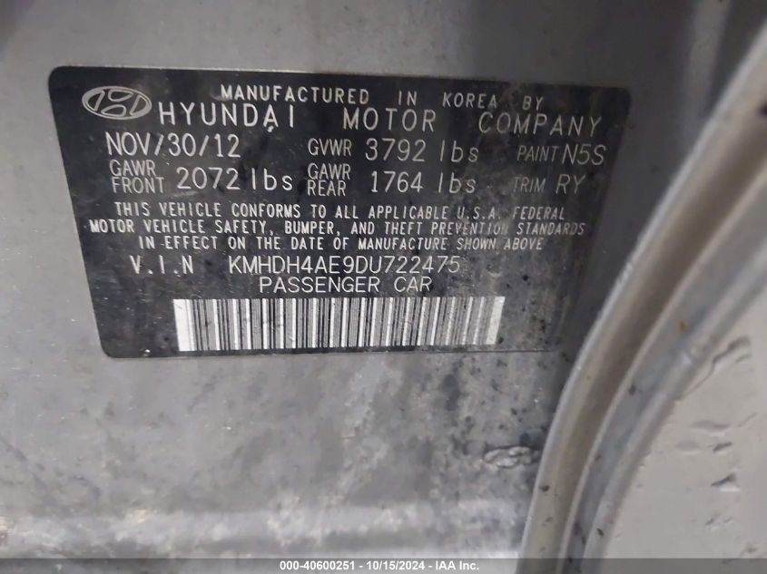 2013 Hyundai Elantra Limited VIN: KMHDH4AE9DU722475 Lot: 40600251