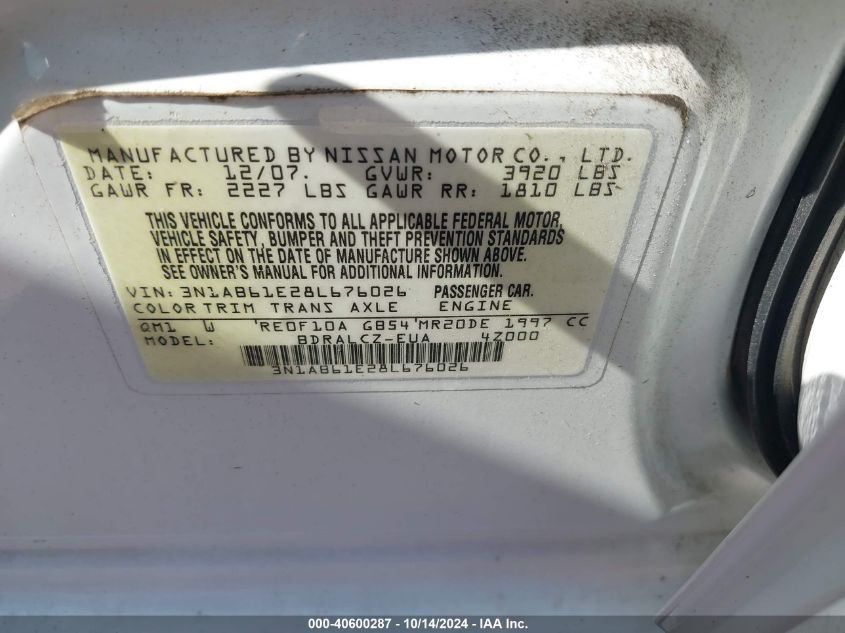 2008 Nissan Sentra 2.0 VIN: 3N1AB61E28L676026 Lot: 40600287