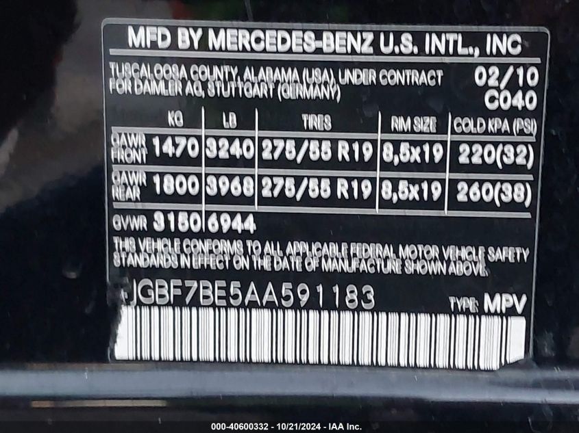 2010 Mercedes-Benz Gl 450 4Matic VIN: 4JGBF7BE5AA591183 Lot: 40600332