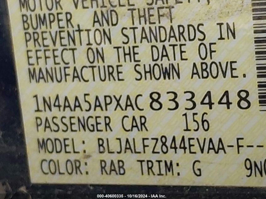 2010 Nissan Maxima 3.5 Sv VIN: 1N4AA5APXAC833448 Lot: 40600335