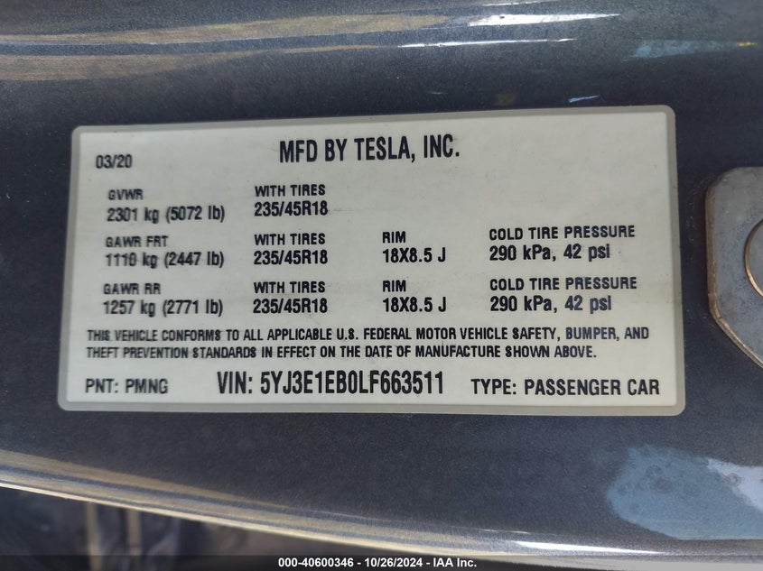 VIN 5YJ3E1EB0LF663511 2020 TESLA MODEL 3 LONG RANGE DUAL MOTOR ALL-WHEEL DRIVE