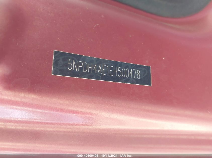 2014 Hyundai Elantra Limited VIN: 5NPDH4AE1EH500478 Lot: 40600406