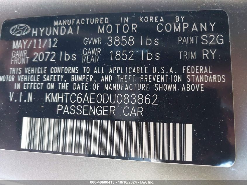 2013 HYUNDAI VELOSTER VIN: KMHTC6AE0DU083862