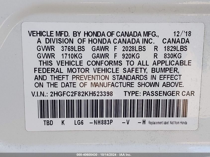 2019 Honda Civic Sport VIN: 2HGFC2F82KH523398 Lot: 40600430