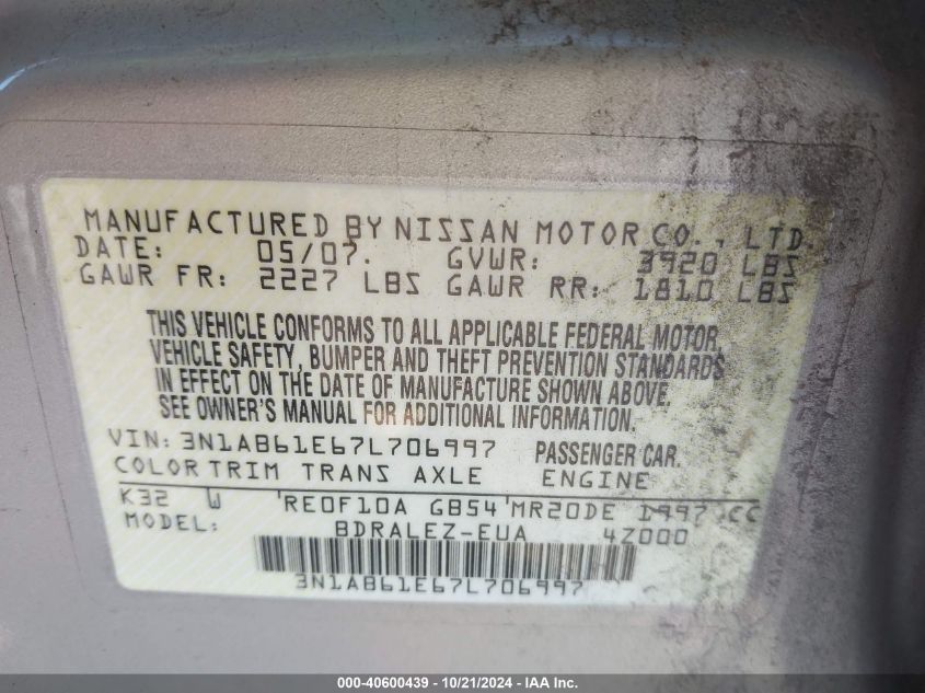 2007 Nissan Sentra 2.0S VIN: 3N1AB61E67L706997 Lot: 40600439