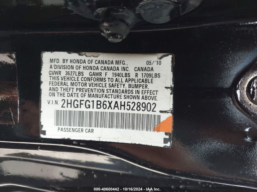 2010 Honda Civic Lx VIN: 2HGFG1B6XAH528902 Lot: 40600442