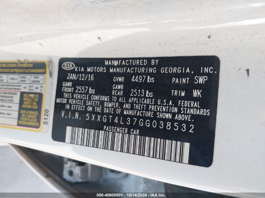 2016 Kia Optima Lx VIN: 5XXGT4L37GG038532 Lot: 40600501