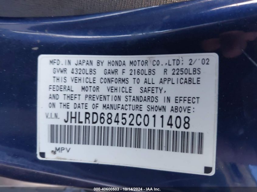 2002 Honda Cr-V Lx VIN: JHLRD68452C011408 Lot: 40600503