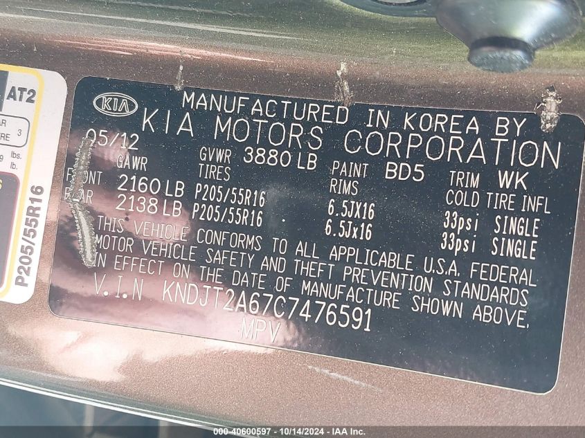 2012 Kia Soul +/!/Sport VIN: KNDJT2A67C7476591 Lot: 40600597
