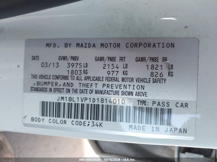 2013 Mazda Mazda3 I Touring VIN: JM1BL1VP1D1814010 Lot: 40600655