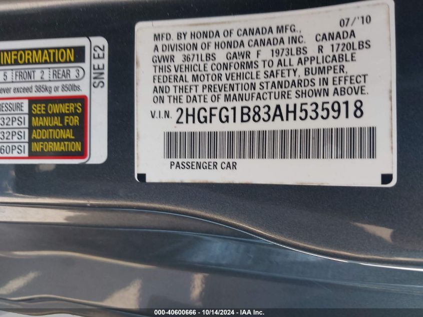 2010 Honda Civic Ex VIN: 2HGFG1B83AH535918 Lot: 40600666