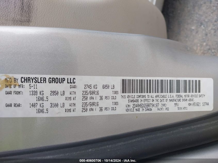 2011 Dodge Grand Caravan Crew VIN: 2D4RN5DG5BR734187 Lot: 40600706