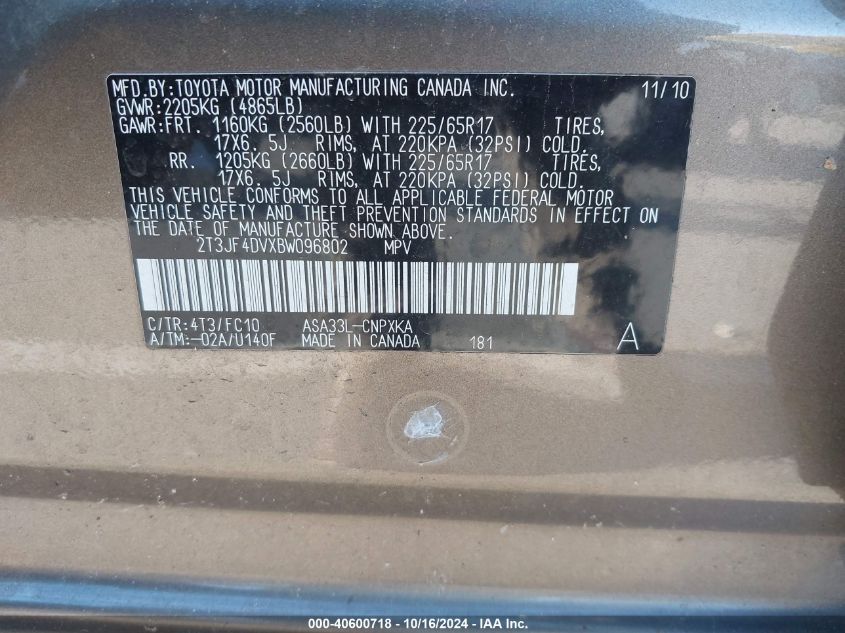 2011 Toyota Rav4 VIN: 2T3JF4DVXBW096802 Lot: 40600718