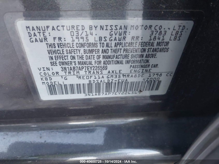 2014 Nissan Sentra Sv VIN: 3N1AB7AP7EY226569 Lot: 40600725