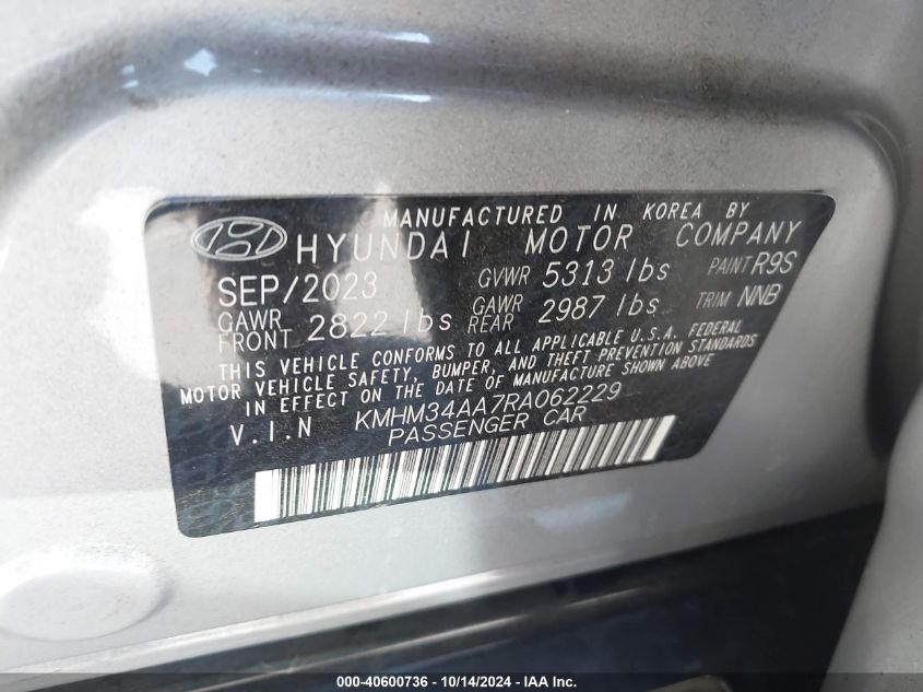 2024 Hyundai Ioniq 6 Sel VIN: KMHM34AA7RA062229 Lot: 40600736