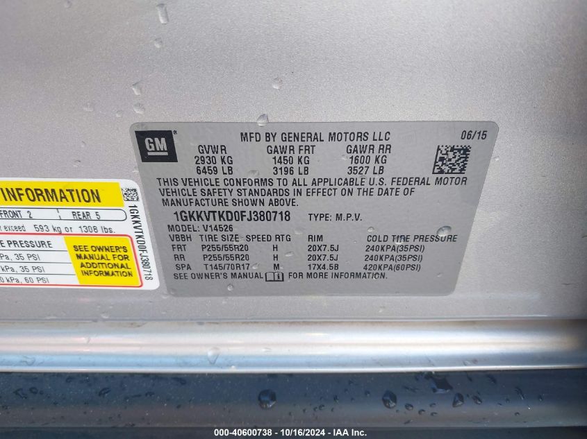 2015 GMC Acadia Denali VIN: 1GKKVTKD0FJ380718 Lot: 40600738