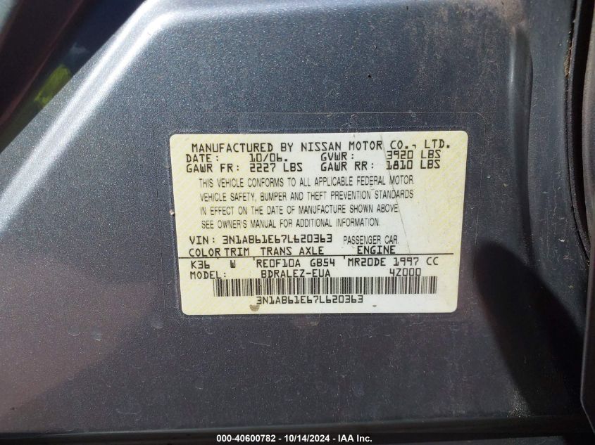 2007 Nissan Sentra 2.0S VIN: 3N1AB61E67L620363 Lot: 40600782