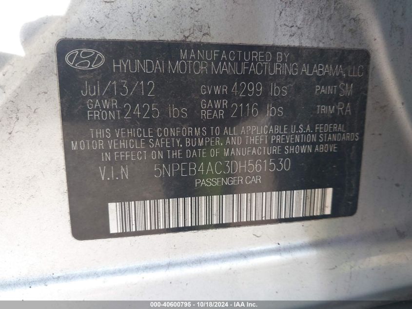 2013 Hyundai Sonata Gls VIN: 5NPEB4AC3DH561530 Lot: 40600795
