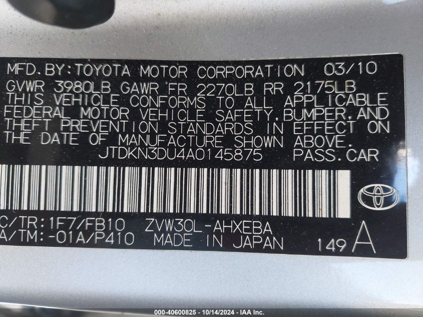 2010 Toyota Prius Iii VIN: JTDKN3DU4A0145875 Lot: 40600825