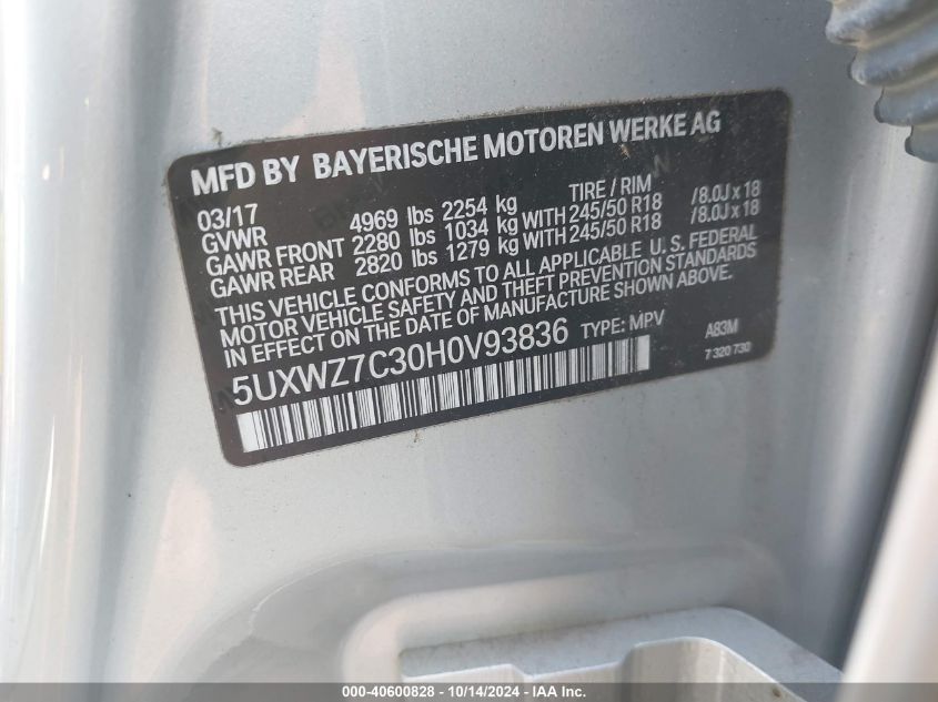 VIN 5UXWZ7C30H0V93836 2017 BMW X3, Sdrive28I no.9