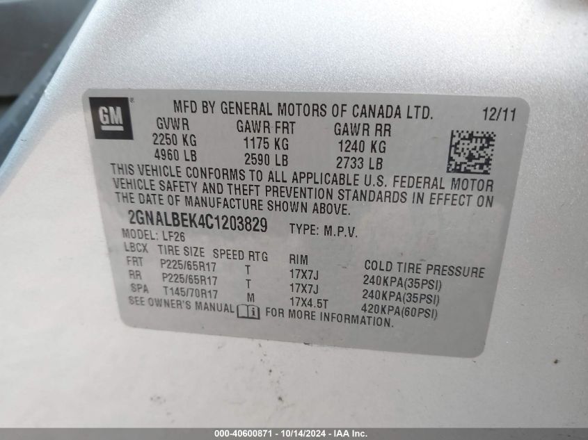 2012 Chevrolet Equinox Ls VIN: 2GNALBEK4C1203829 Lot: 40600871