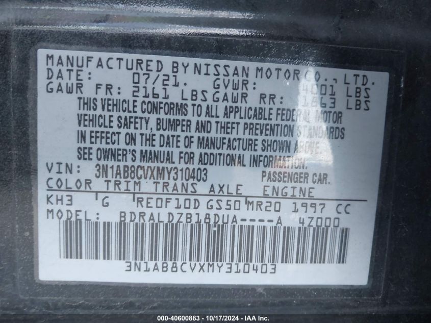 2021 Nissan Sentra Sv Xtronic Cvt VIN: 3N1AB8CVXMY310403 Lot: 40600883