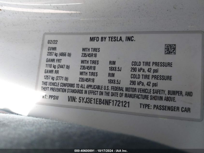 2022 Tesla Model 3 Long Range Dual Motor All-Wheel Drive VIN: 5YJ3E1EB4NF172121 Lot: 40600891