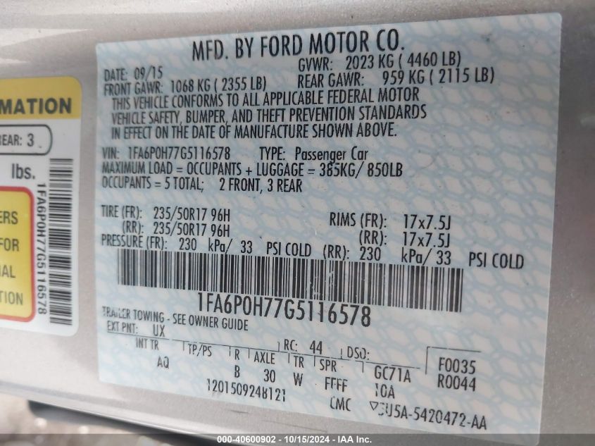 VIN 1FA6P0H77G5116578 2016 Ford Fusion, SE no.9