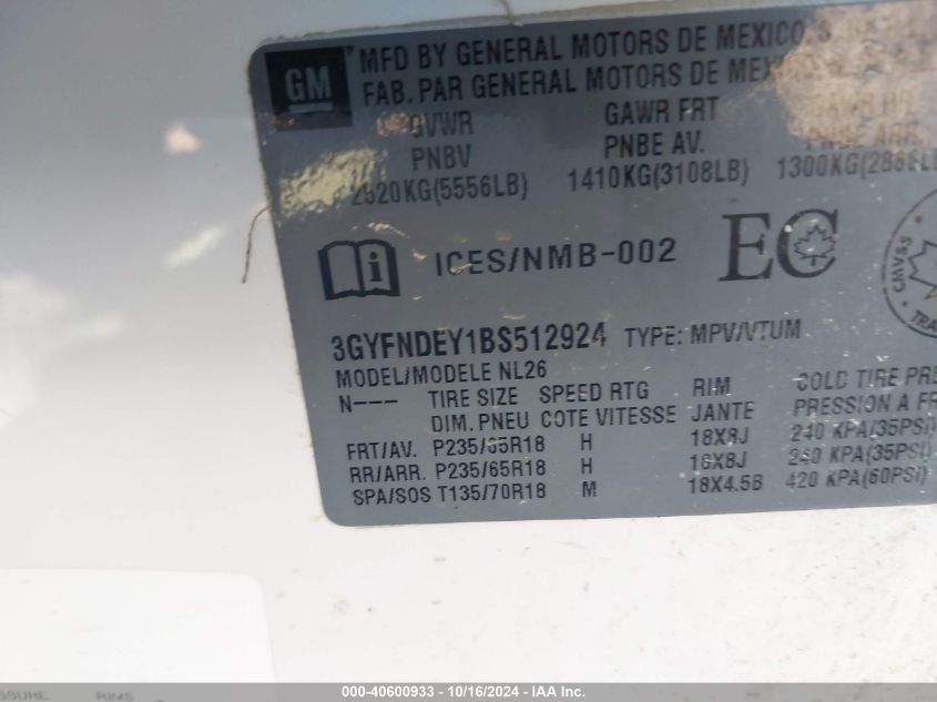 2011 Cadillac Srx Luxury Collection VIN: 3GYFNDEY1BS512924 Lot: 40600933