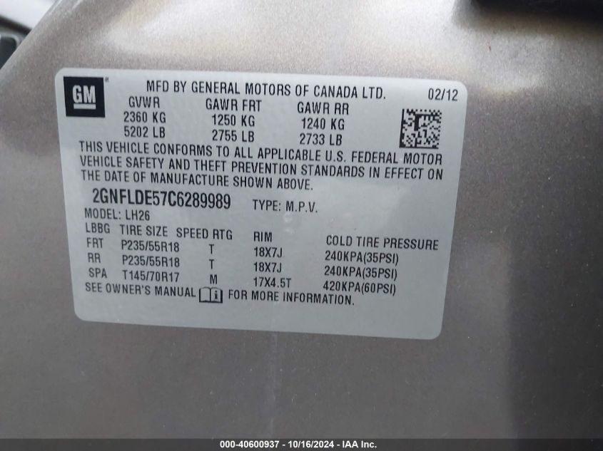 2012 Chevrolet Equinox 1Lt VIN: 2GNFLDE57C6289989 Lot: 40600937