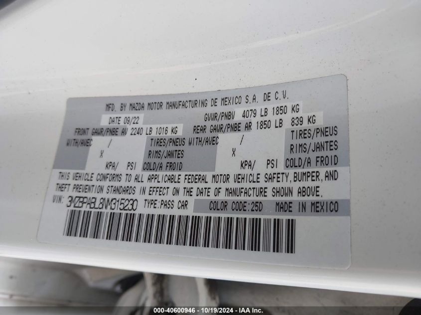 VIN 3MZBPABL8NM315230 2022 Mazda 3, Select no.9