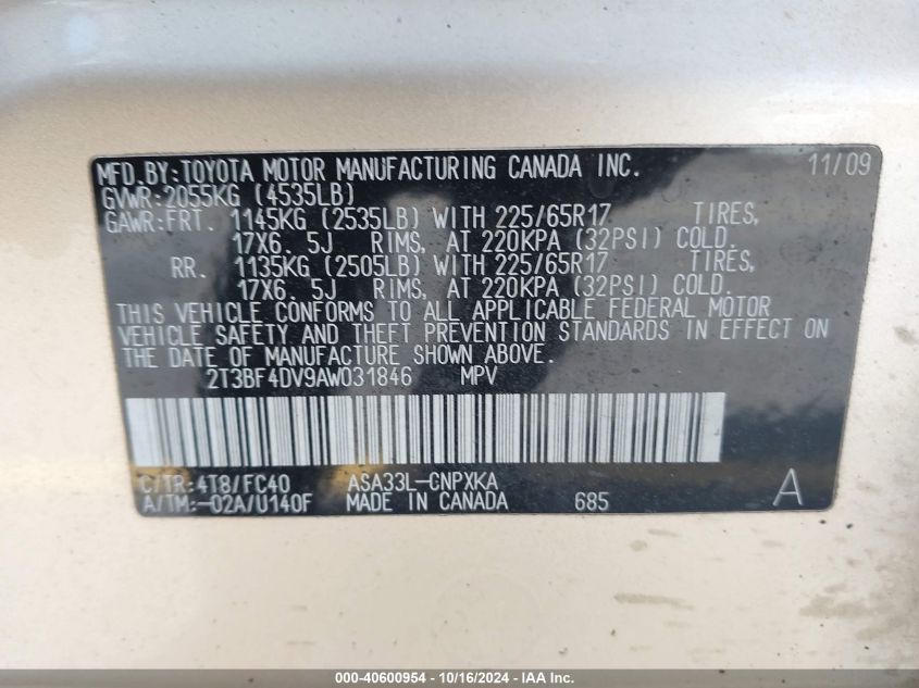 2010 Toyota Rav4 VIN: 2T3BF4DV9AW031846 Lot: 40600954