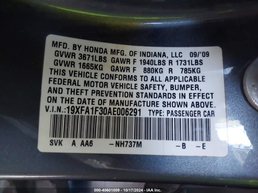 2010 Honda Civic Vp VIN: 19XFA1F30AE006291 Lot: 40601009