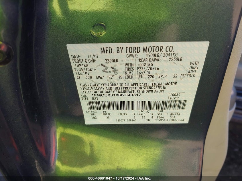 2008 Ford Escape Xlt VIN: 1FMCU03188KC40317 Lot: 40601047