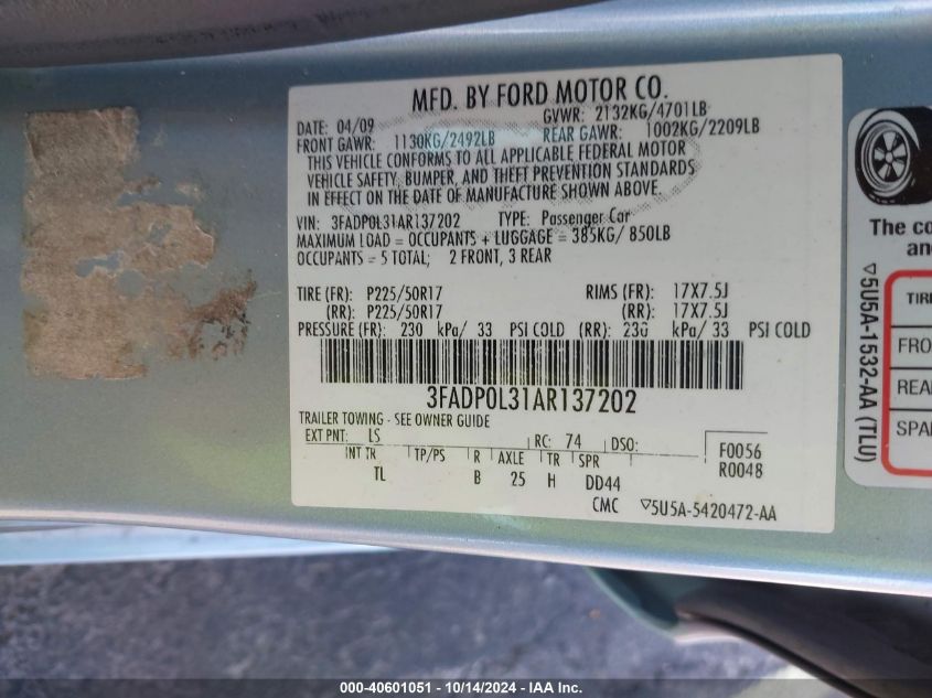 2010 Ford Fusion Hybrid Hybrid VIN: 3FADP0L31AR137202 Lot: 40601051