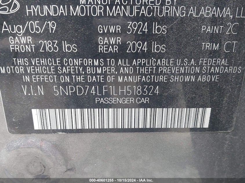 VIN 5NPD74LF1LH518324 2020 HYUNDAI ELANTRA SE