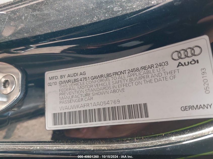 2010 Audi A5 3.2 Premium Plus VIN: WAUWKAFR1AA054769 Lot: 40601260