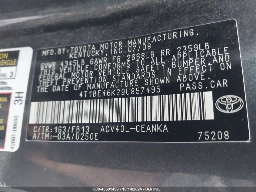 2009 Toyota Camry Le VIN: 4T1BE46K29U857495 Lot: 40601499