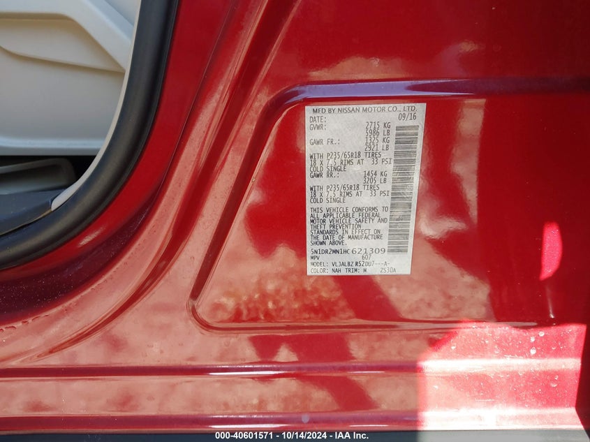 VIN 5N1DR2MN1HC621309 2017 NISSAN PATHFINDER S