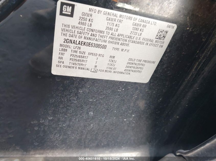 2014 Chevrolet Equinox Ls VIN: 2GNALAEK0E6308500 Lot: 40601610
