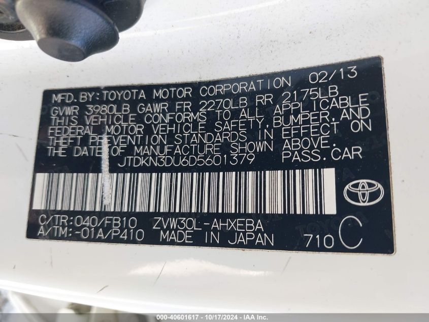 2013 Toyota Prius Two VIN: JTDKN3DU6D5601379 Lot: 40601617