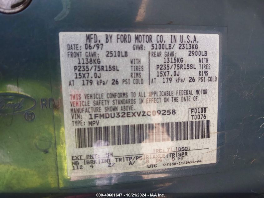 1997 Ford Explorer Eddie Bauer/Limited/Xl/Xlt VIN: 1FMDU32EXVZC09258 Lot: 40601647