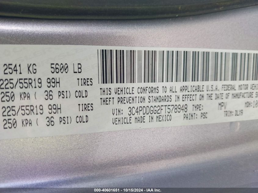 2015 Dodge Journey Crossroad VIN: 3C4PDDGG2FT578948 Lot: 40601651