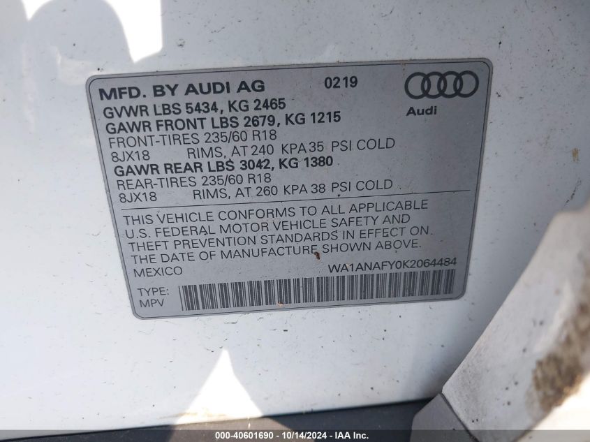 2019 Audi Q5 45 Premium VIN: WA1ANAFY0K2064484 Lot: 40601690