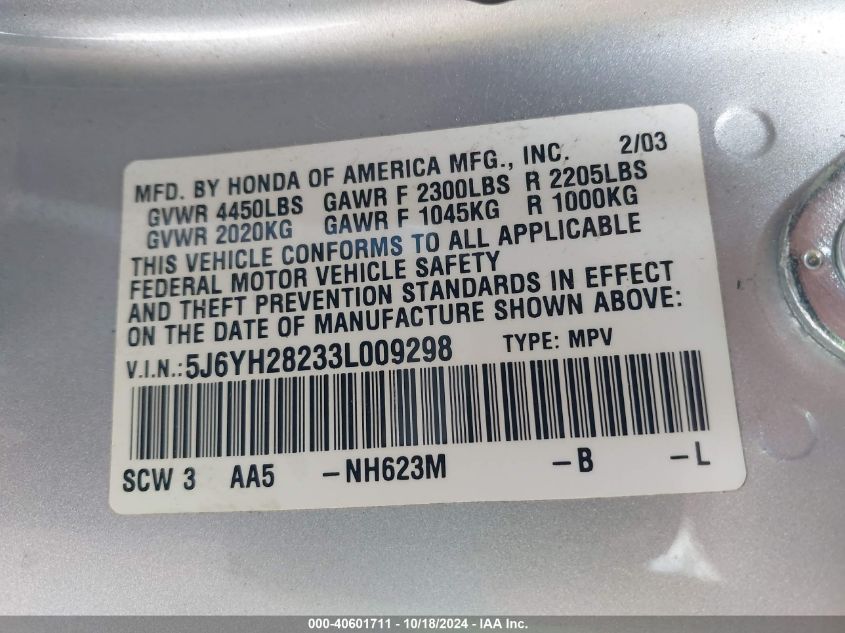 2003 Honda Element Dx VIN: 5J6YH28233L009298 Lot: 40601711