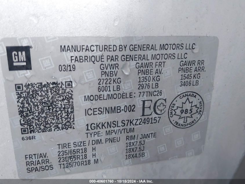 VIN 1GKKNSLS7KZ249157 2019 GMC ACADIA SLE-2
